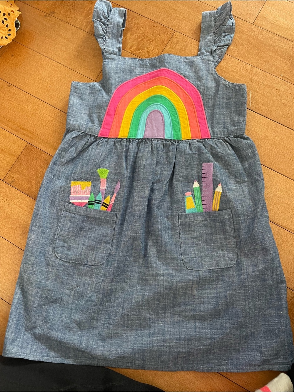 Girls Chambray Rainbow Pocket Dress - Multicolor